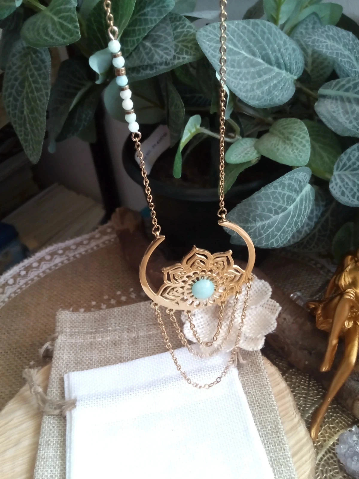 Collier fleur de vie acier inoxydable et pierres amazonites naturelles – photo 7